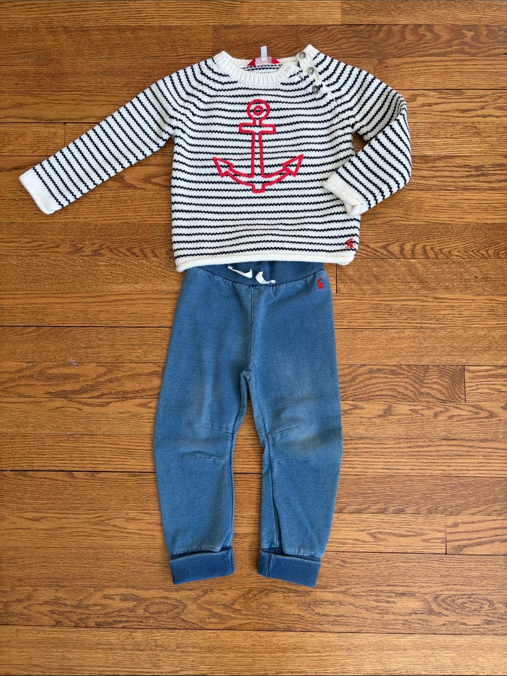 Joules White & Navy Striped Sweater with Pink Anchor and Blue Joggers Set